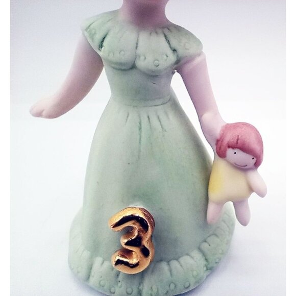 Enesco Birthday Girl Age 3 Brunette Green Dress Bisque Porcelain 1982 3.25" - Picture 6 of 15